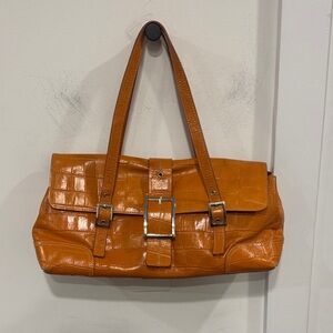 Croc-Embossed Orange Leather Shoulder Bag
